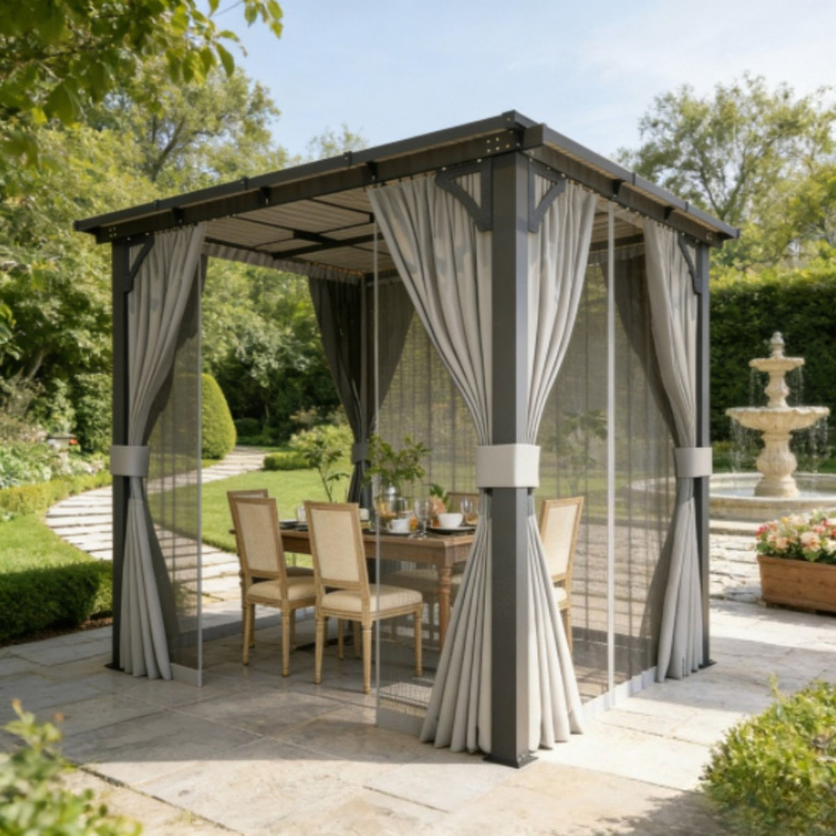 8'×8' Garden Pavilion, Small Wall-Mounted Sloped Roof Trellis 8x8 Pavilion with Curtains and Mesh Screens Hard-Top Pavilion Clearance Sale Ideal for Lawns, Backyards, Gardens, and Patios
