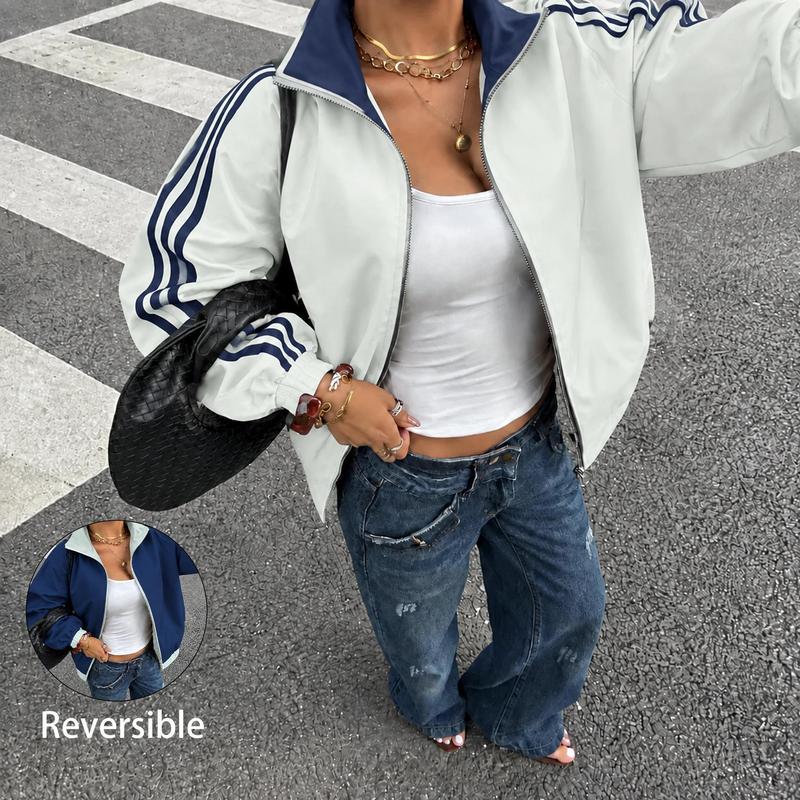 Women Reversible Zip Up Track Jacket, Striped Sleeve Stand Collar Windbreaker, Two Wear Ways Loose Drop Shoulder Outerwear, Elastic Cuffs Casual Athletic Coat, Lightweight Reversible Sport Jacket For Daily Streetwear, Shopping And Weekend Hangouts