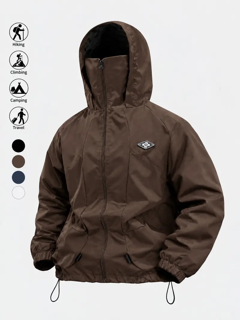 Men's Outdoor Functional Jacket, Windproof Fabric, Comfortable High Neck Hooded Design, Casual Long Sleeve, All Seasons, Durable Loose Fit