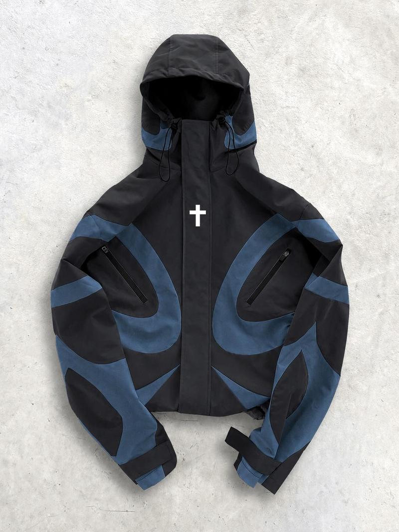 Men's Baggy Cross-Print Hooded Zip-Up Techwear Windbreaker Jacket - Textured Woven Fabric, Waterproof, Long-Sleeve, Lightweight, Unisex Fit, Patchwork, Outdoor/Party/New Year Wear, Biker Streetwear Work Top