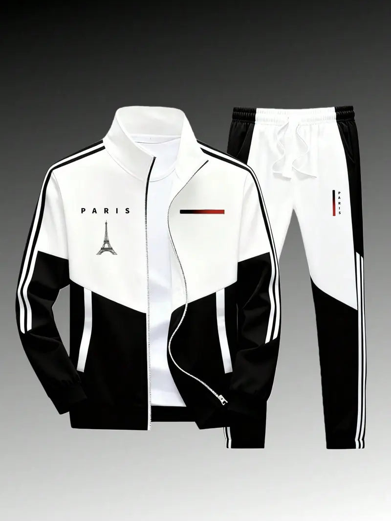 Men's 2-Piece Paris Logo Sportswear Set - Sports Outerwear Jacket & Jogging Pants, Geometric Print, Stand-Up Collar, Zipper Closure, Color-Matching Design, All-Season Streetwear Fashion Apparel Clothes Suits