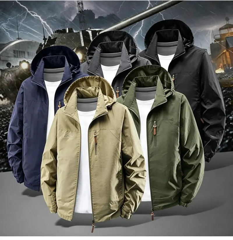 Men's Polyester Plain Full-Zip Water-Resistant Windbreaker Jacket with Hood, Lightweight Outdoor Shell Coat for Hiking, Daily Outdoor Wear