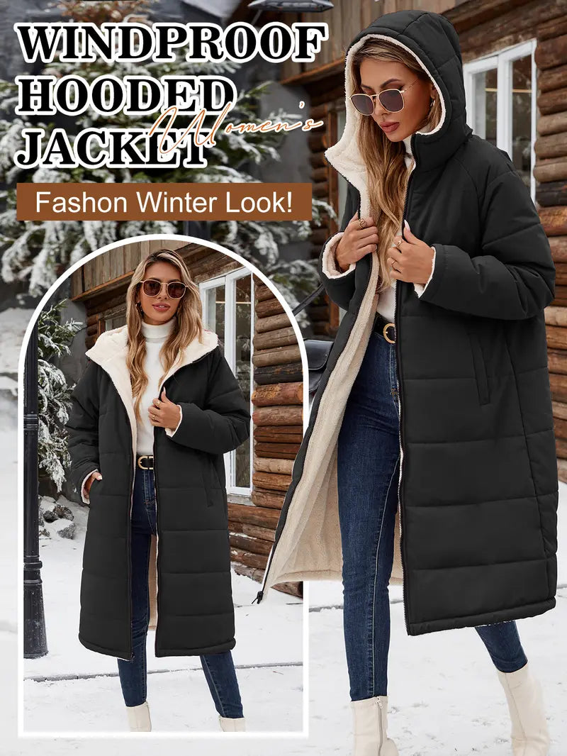 【Pre‑Season Price】HEEKPEK Women's Oversized Sherpa Fleece Lined Long Hooded Puffer Coat - Long Sleeve, Windproof, Waterproof, Insulated, Basic, Casual, Athletic, Outdoors Waterproof Wear