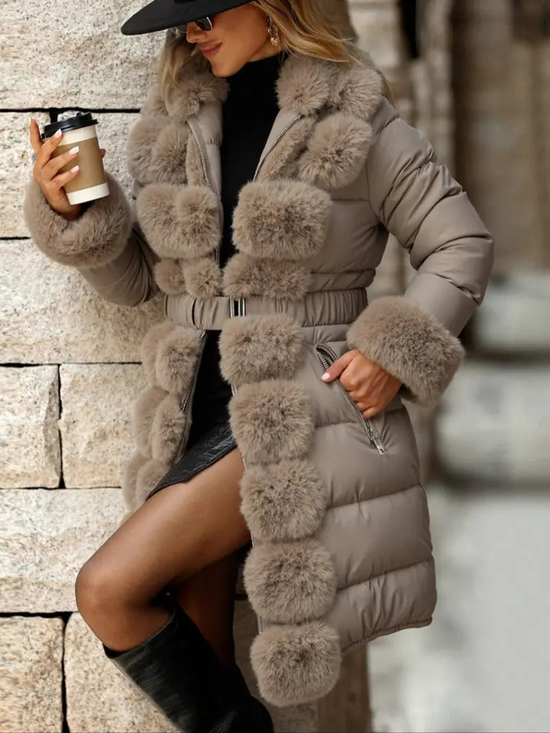 Women's Elegant Chic puffer Coat with Fleece Trim, Faux Fur & Belt, Mid-Length Fall Winter Hooded Fitted Woven Jacket, Warm Daily Wear Outerwear Tops, Womenswear