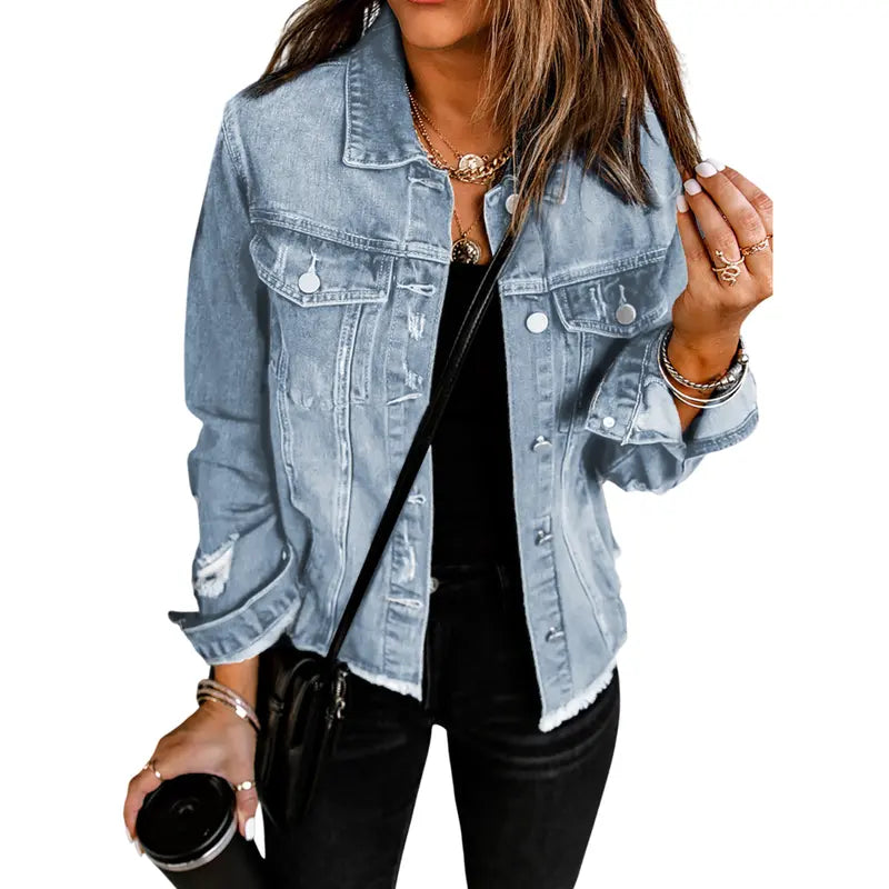 EVALESS Women's Casual Short Jean Jackets Non Stretch Distressed Ripped Boyfriend Washed Coats Lapel Long Sleeve Denim Jacket Outwear Tops 2026 Womenswear Spring Winter Outfits Deals For You Days summer outfits,back to school,back to school shoppi...