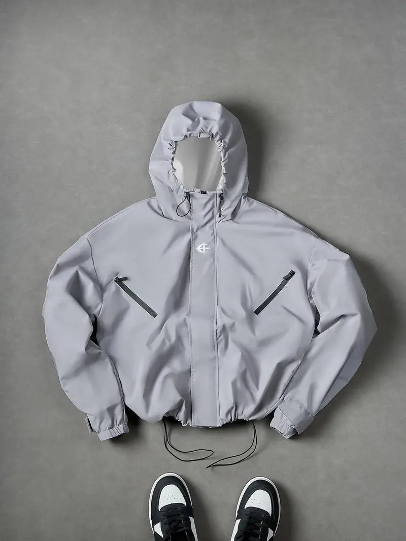 Men’s Black Functional Hooded Jacket – Windproof Outerwear with Printed Branding, suitable for streetwear, urban commuting, outdoor activities, and everyday casual wear