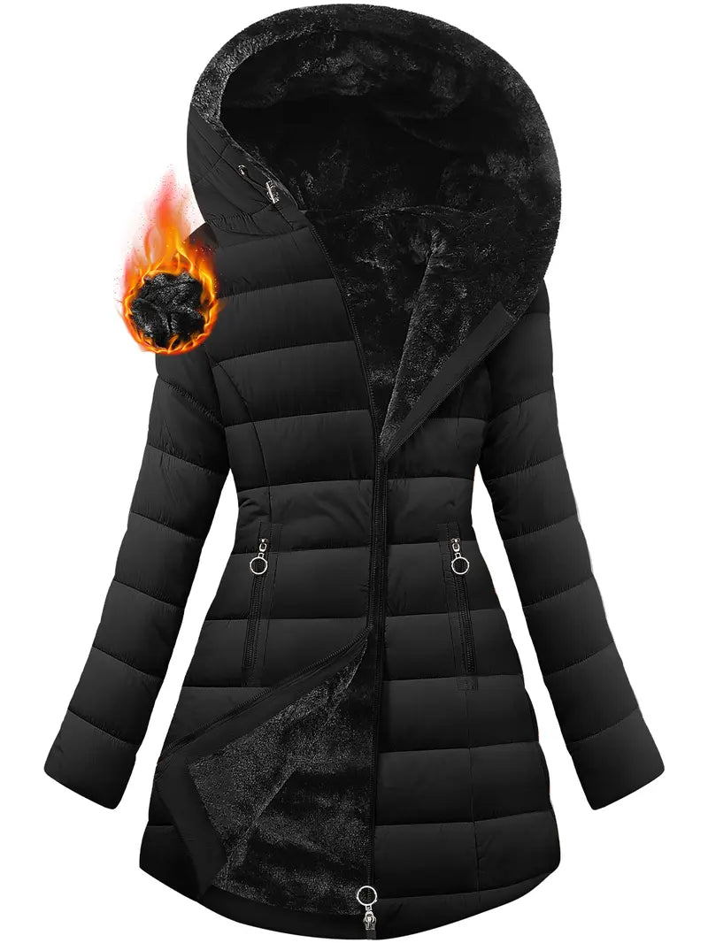 Women's Winter Thick Down Jacket - Casual Winter Coat, Longsleeves, Medium Length Fleece-Lined Parka with Faux Fur Hood Outerwear Black Basic