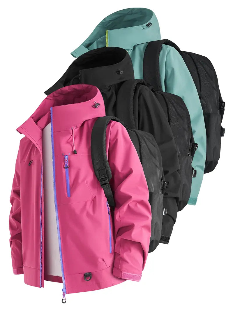 New Outdoor Hooded Couples' Mountain Climbing Jacket, Spring & Autumn Windproof Waterproof Breathable Stylish Plain Jacket, Outdoor Zipper Jacket, Hiking Jacket, Waterproof Windproof Outerwear, Outdoor Clothing