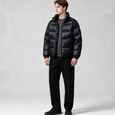 Comfy Warm Shiny Nylon Stand Collar Puffer Outerwear, Black Windproof Quilted Jacket