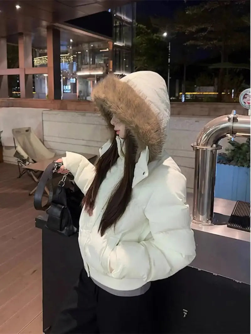 Autumn Winter Fur Hooded Jacket Women Outerwear Thick Dowon Cotton Padded Slim Short Parkas Female Cropped Puffer Bubble Coat