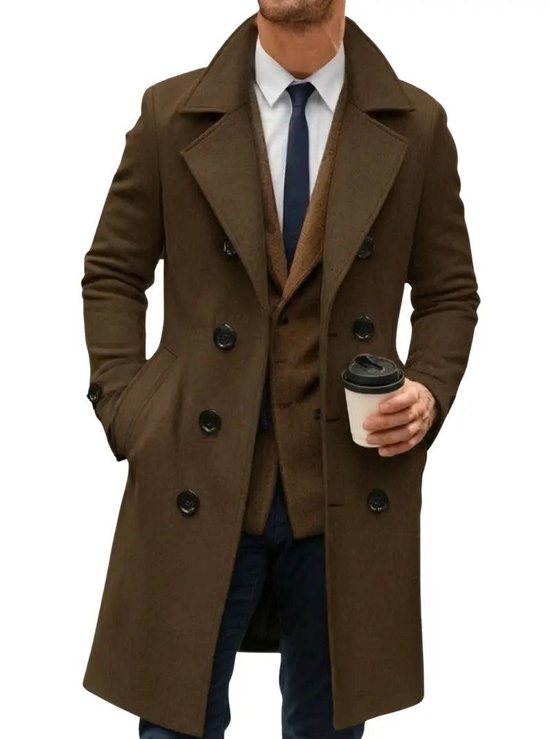 Men’s long trench coat jacket with notched lapel collar, double-breasted design, slim fit, classic mid-length overcoat