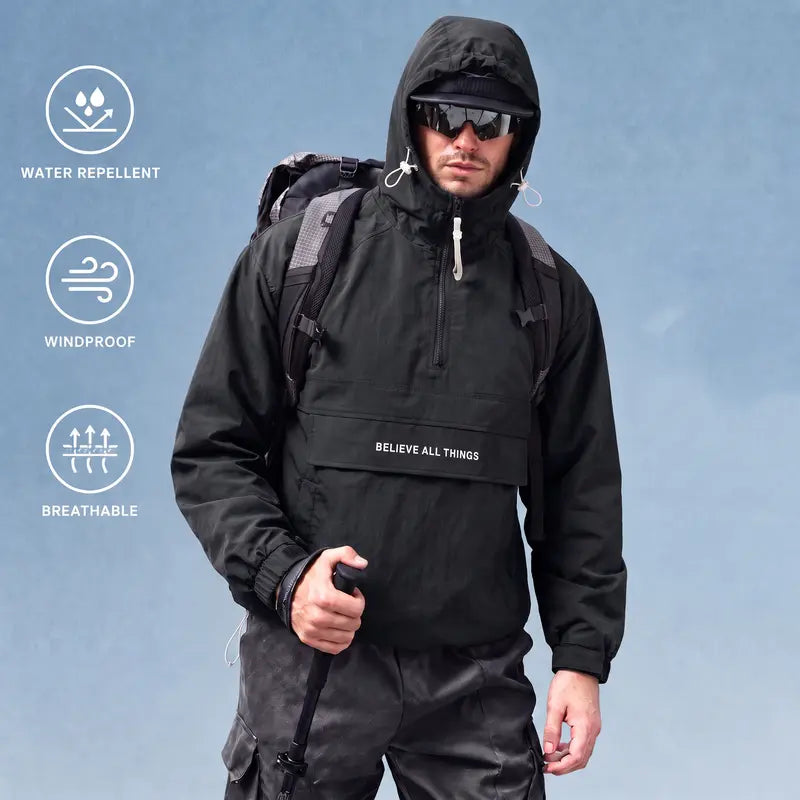 ZMZY Men's Half-Zip Jacket Lightweight Hooded Casual Outdoor Windbreaker, All-Season Oversized Relaxed Fit Coat with Drawstring Hem & Side Pockets for Teen Adults, Work Streetwear Style