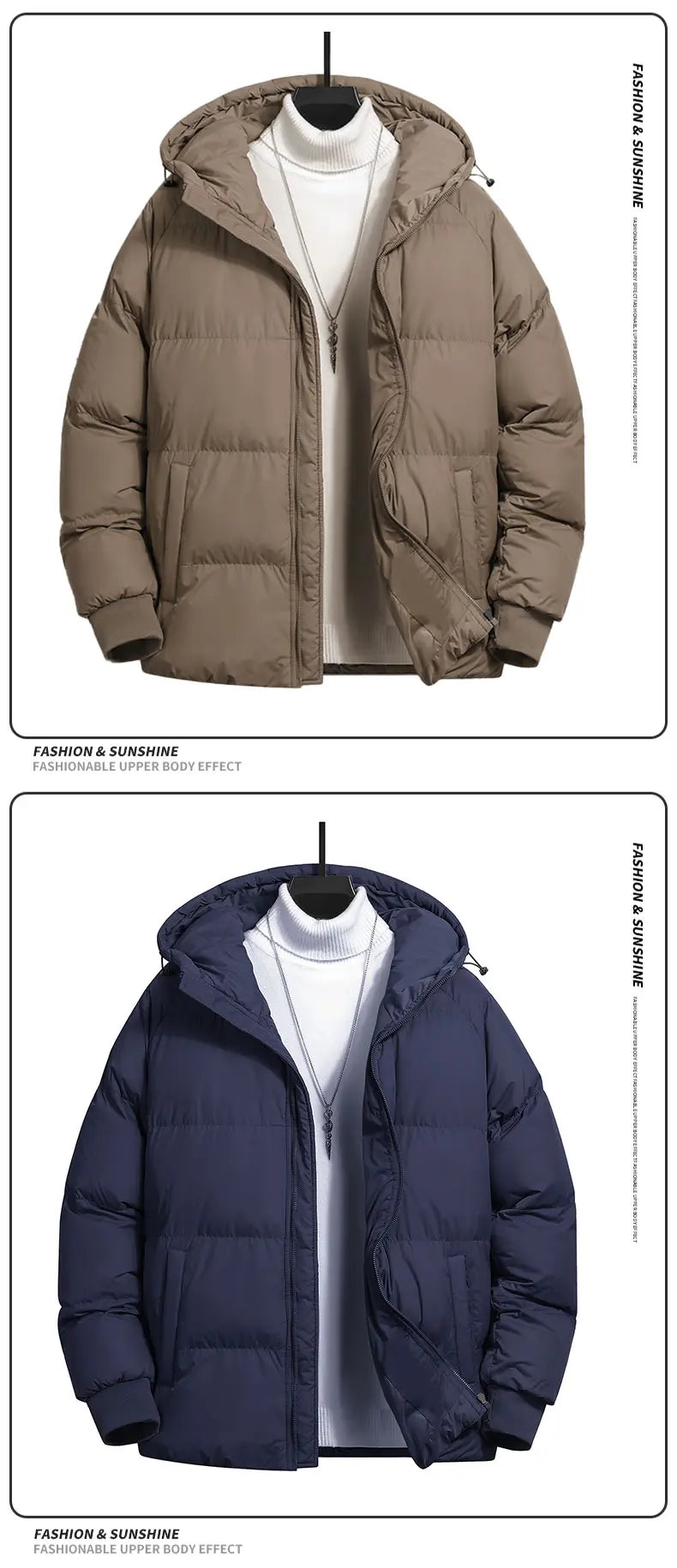 Men's Woven Cotton Hooded Puffy Jacket - Puffy Shape, Long-Sleeve, Zip-Up, Windproof, Loose Fit, Autumn Winter Warm Casual Streetwear Clothing, Fashion Streetwear Top with Pockets, M