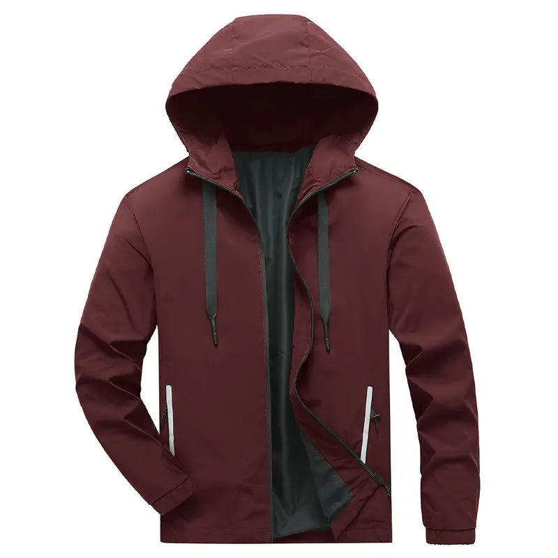 Men's Standard Lightweight Stylish Plain Polyester Hooded Windbreaker Jacket - Menswear Tops, Long Sleeve, Water-Resistant, Full-Zip, Reflective Zipper Pockets, Casual Coat for Outdoor Hiking, Daily Wear