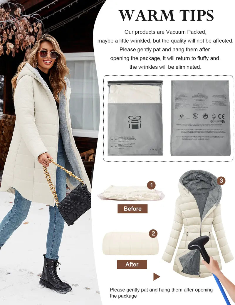 UMIPUBO Women's Long Sleeve Furry Puffer Down Jacket - Windproof, Waterproof, Slim Fit, Adjustable Coat for Commuting, Winter Outfits