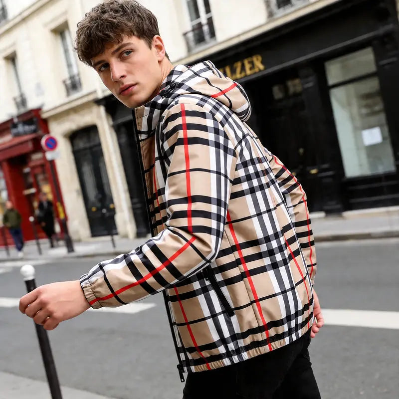 Men’s Spring Fall Lightweight Hooded Jacket, Zip-Up Windbreaker with Adjustable Drawstring, Stand Collar Option, Contrast Stripe Detail, Casual Plaid Outerwear in Khaki