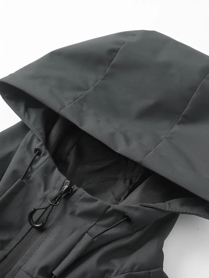 Men's Fitted Solid Woven Hooded Jacket - Waterproof, Windproof, with Zippered Pockets for Outdoor, Casual Wear