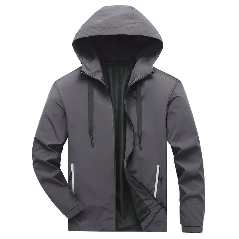 Men's Standard Lightweight Stylish Plain Polyester Hooded Windbreaker Jacket - Menswear Tops, Long Sleeve, Water-Resistant, Full-Zip, Reflective Zipper Pockets, Casual Coat for Outdoor Hiking, Daily Wear