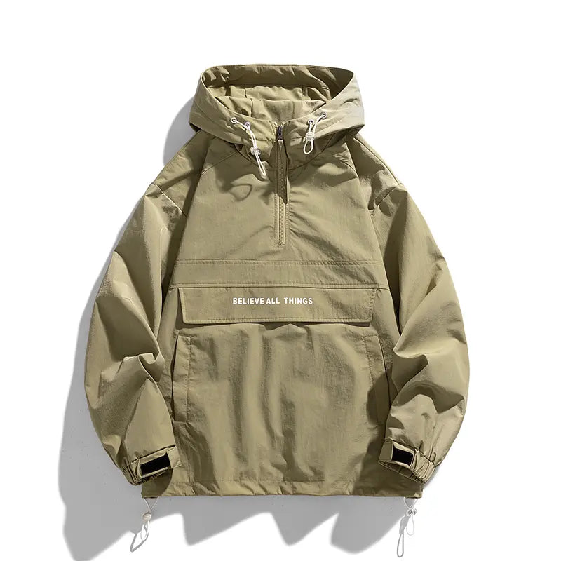 ZMZY Men's Half-Zip Jacket Lightweight Hooded Casual Outdoor Windbreaker, All-Season Oversized Relaxed Fit Coat with Drawstring Hem & Side Pockets for Teen Adults, Work Streetwear Style