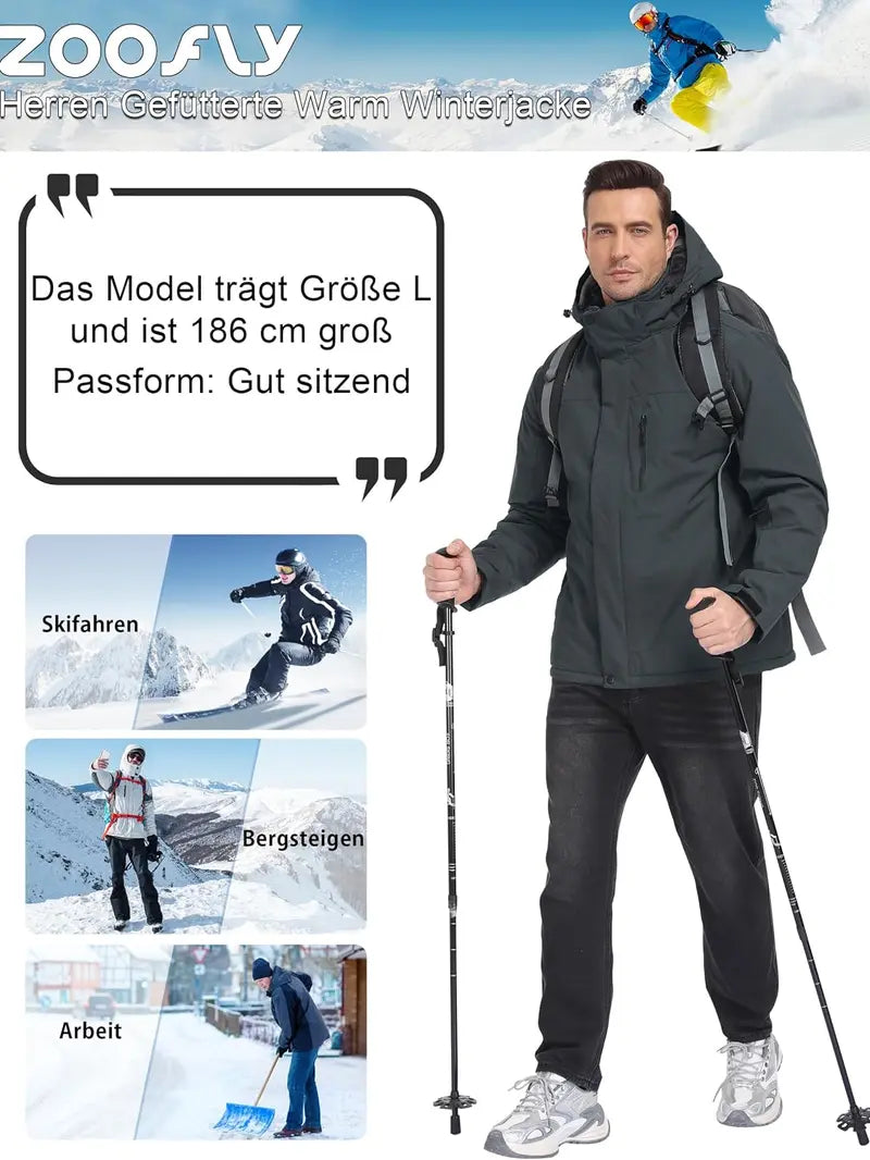Zoofly Men's Waterproof Zip-Up Insulated Fleece Layered Ski Jacket with Hood, Polyester Shell, Outdoor Pockets, Insulated Hiking Jacket for Winter Outdoor Activities