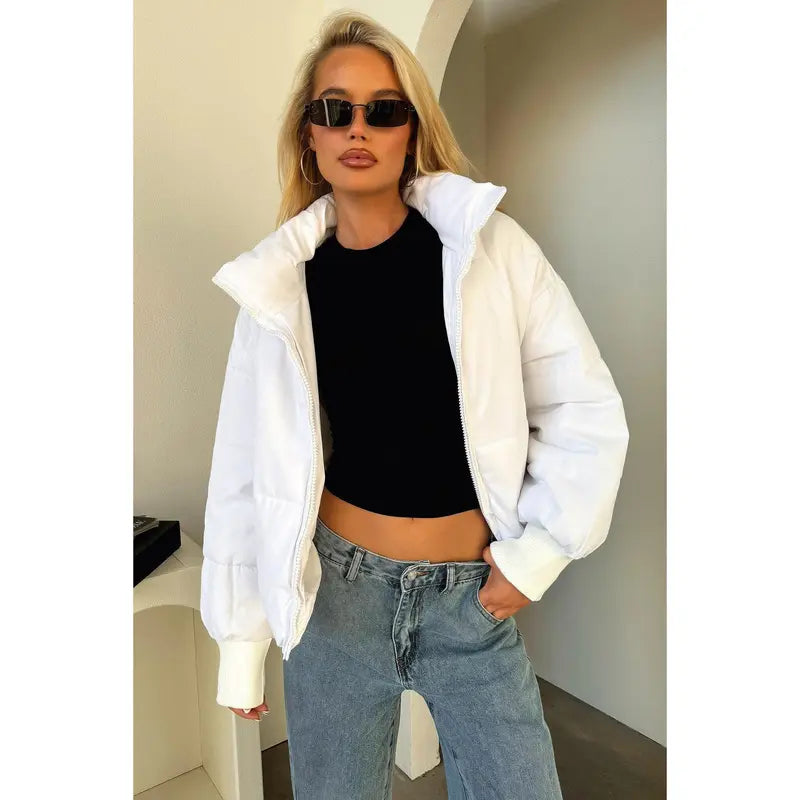 That's So Fetch Men's Long Plain Zip-Front Cuffed Ribbed Soft-Style Ajax Puffer Jacket, White, Comfy Casual Tops & Coats, Sleeved Menswear Outerwear