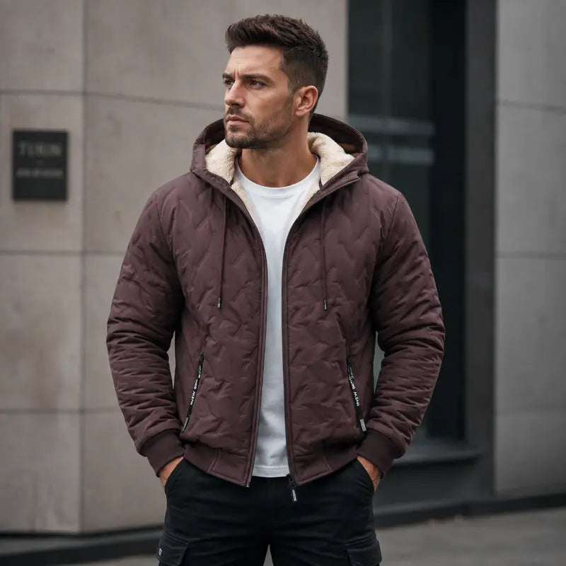 Men's Korean Casual Baggy Winter Jacket - Solid Color, Fleece-Lined Polyester, Hooded, Windproof for Outdoor Commuting, Woven, Hooded Protection, Long Sleeves Keep Arms Covered, Plain Style Keeps Outfits Clean, Windproof Coat zipper full