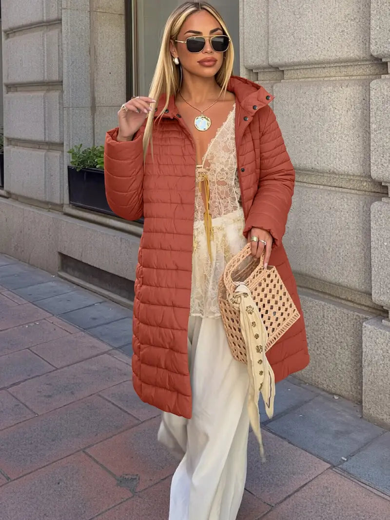 Women's Mid-Length Puffer Coat, Casual Hooded Top with Pockets and Buttons, Fall & Winter Warm Woven Outerwear, Lightweight Thick Fabric Womenswear