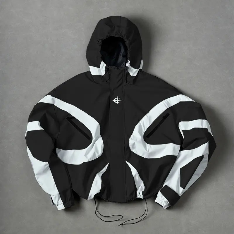 Men’s Color-Block Hooded Polyester Outdoor Jacket - Wind-Resistant Outerwear, Drawstring Hem, Stylish Sportswear for Hiking/Light Outdoor, Everyday Outings