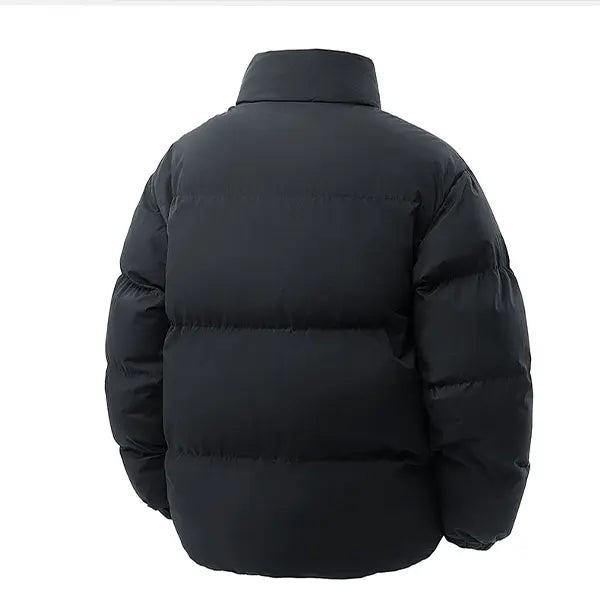 Men’s Black Stand-Collar Long-Sleeves Thick Insulated Woven Sports Jacket, Zipper Closure, Loose Fit - Ideal for Autumn/Winter Everyday Commuting