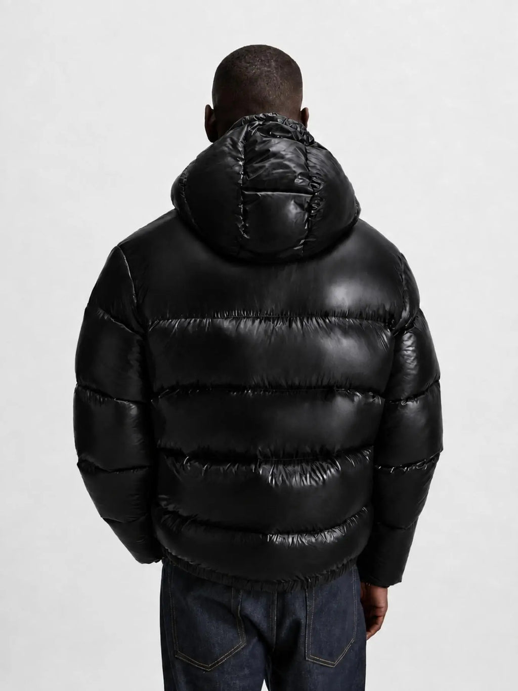 Men's Glossy Hooded Puffer Jacket, Full Zip Quilted Outerwear with Elastic Cuffs for Fall Winter Streetwear & Everyday Layering, Model Wears One Size Up for a Relaxed Look