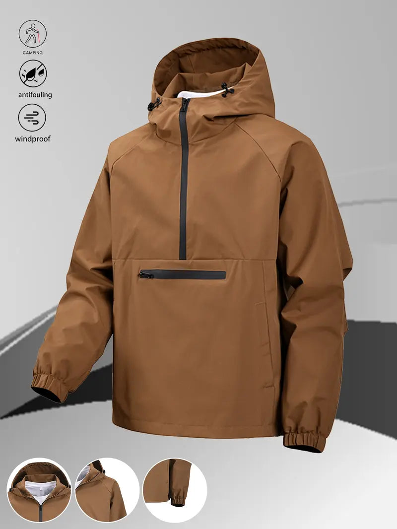 Men's Fitted Hooded Half-Zip Casual Outdoor Jacket - Black Windproof Stain-Resistant Polyester Outerwear with Large Pockets, for Hiking & Everyday Wear, Male Clothing, Hoodie
