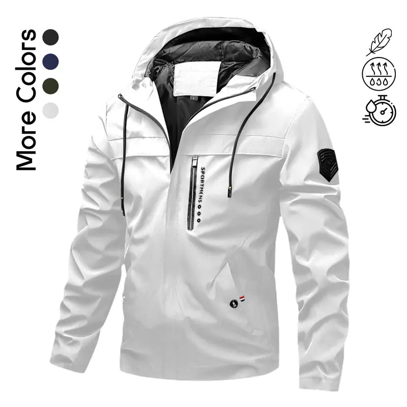 Men's Lightweight Hooded Windbreaker Jacket - Casual Outdoor Fashion Coat with Utility Pockets & Sleeve Patch Beige Long Sleeve