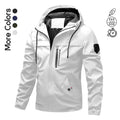 Men's Lightweight Hooded Windbreaker Jacket - Casual Outdoor Fashion Coat with Utility Pockets & Sleeve Patch Beige Long Sleeve