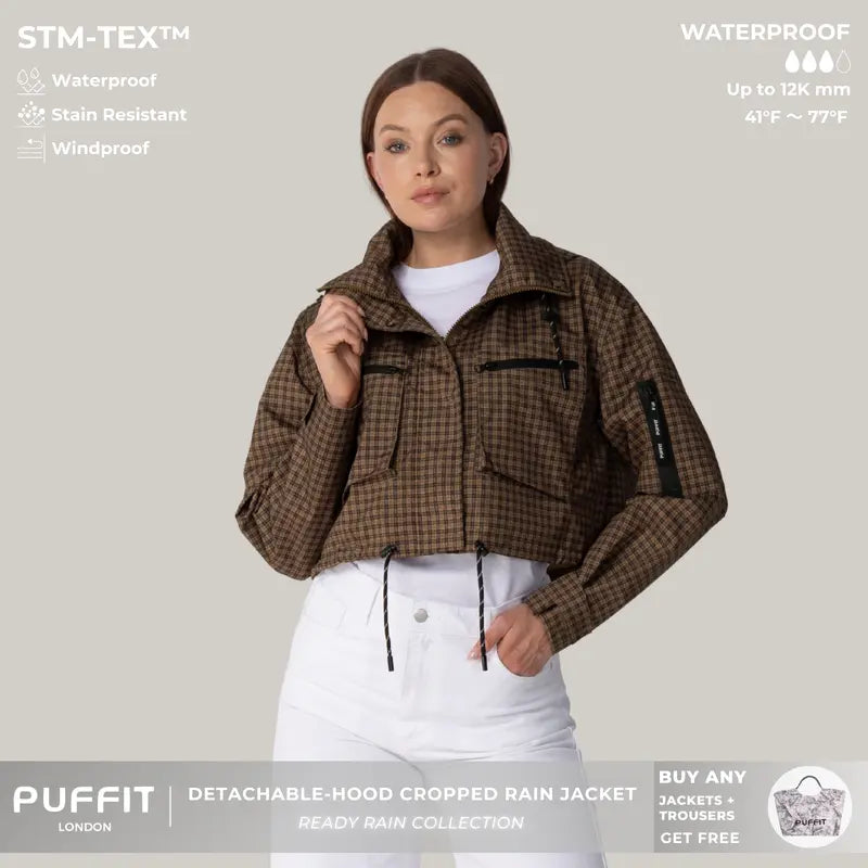 PUFFIT STM-TEX Elevated Cropped Detachable-hood Rain Jacket With Drawstring Hem,WaterProof,Stain Resistant,Windproof,Women's Rain Jacket,Breathable Stylish,Inner Pocket Design,Outdoor Sport,Windbreaker,School Running,Womenswear,,Fall,Winter,2026 S...