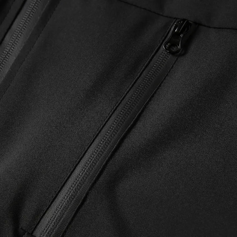 Men's Black Hooded Windbreaker Coat - Menswear Tops, Multi-Pocket Design with Yellow Contrast Tabs, Drawstring Adjustable Hood, Elastic Cuffs & Hem, Water-Repellent Fabric, Full Zip, Plain, Machine Wash for Spring Autumn Urban Street Casual Outfits