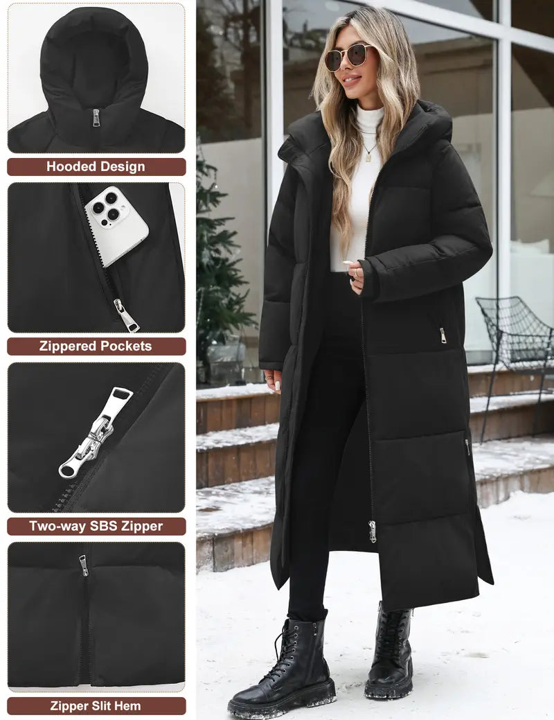 FASHORA Women Long Quilted Coat Hooded Maxi Length Long Sleeve Puffer Jacket Padded Coat Winter Outerwear Water-repellent