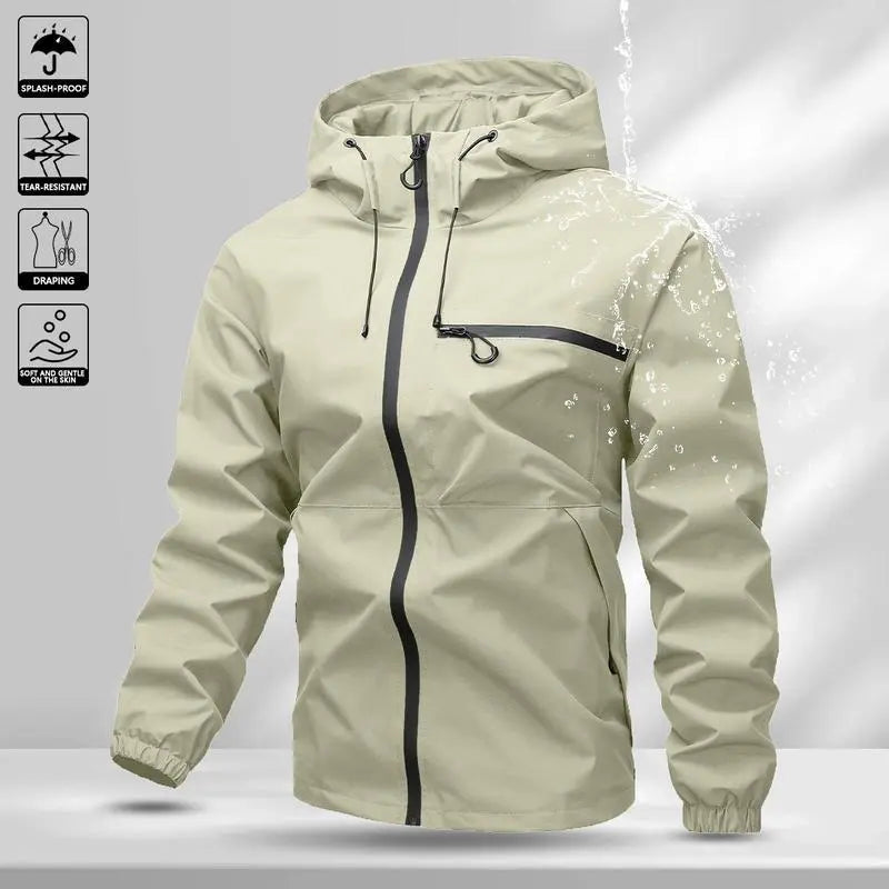 Men’s solid-color waterproof windproof hooded jacket with drawstring and zipper, casual long sleeves with zippered pockets, outdoor activity outerwear, men’s all-season clothing