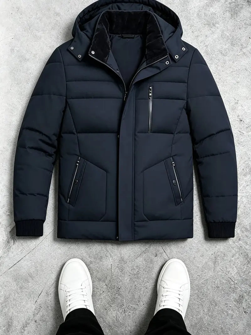 Men's Autumn Winter Mid-Length Hooded Down Coat - Quilted Outerwear Jacket, Coats for Casual Wear, Plain Design, Stylish Zipper-Button Front Closure, Multiple Zippered Pockets, Straight Cut, Casual Topstitching