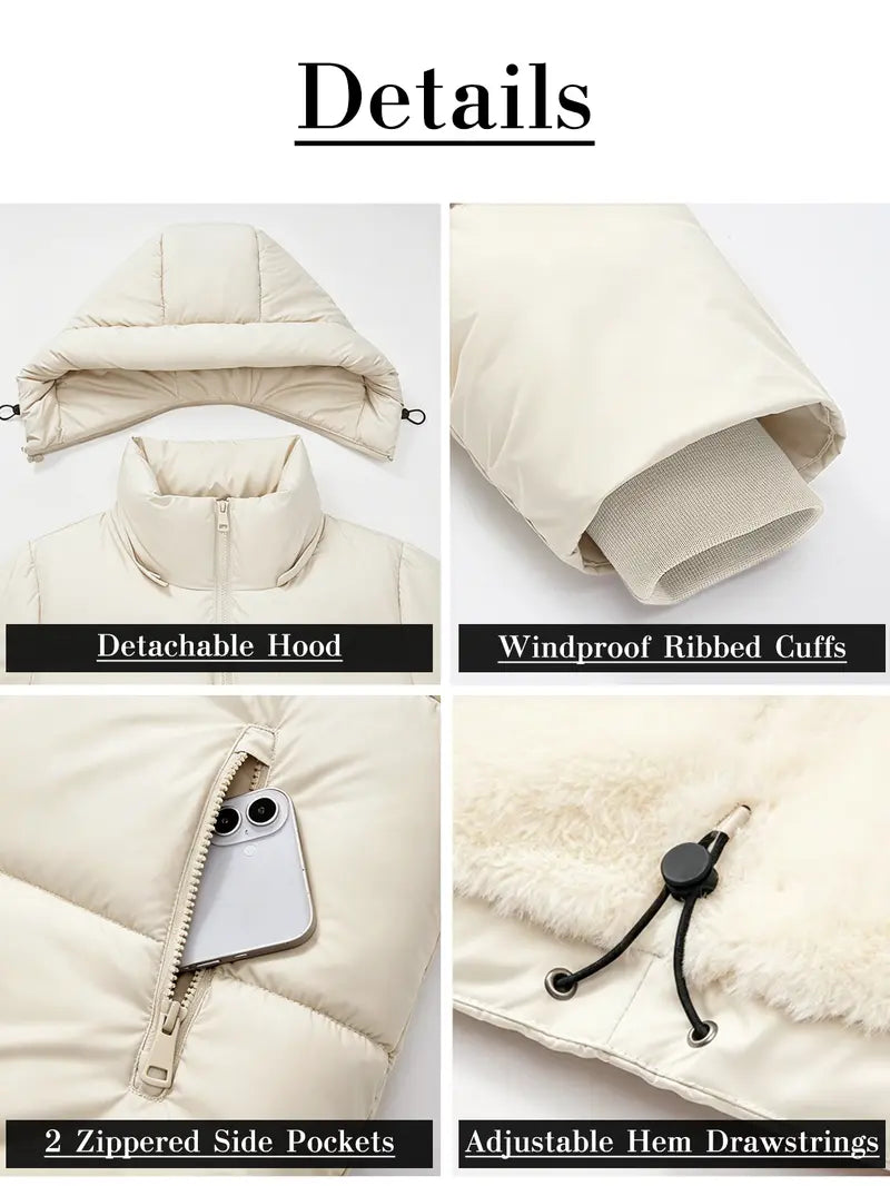 Winter Puffer Coat for Women Warm Cropped Jacket | Faux Fur Lining Quilted Parka with Pockets & Hood Tops Womenswear
