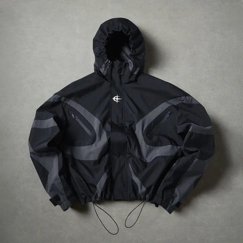 Men's Color-Block Patchwork Tiered Layer Polyester Windbreaker - Hooded Waterproof Medium-Length Zip-Up Jacket for Hiking, Commuting, Polyester Clothes, Machine Washable