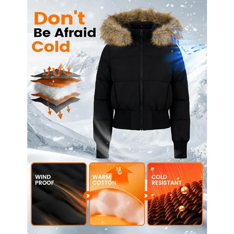 Arssm Womens Cropped Puffer Jacket Hooded Winter Warm Puffer Coat