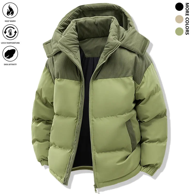 Men's Minimalist Woven Cozy Hooded Down Jacket - Polyester-Filled Velvet Cotton Fabric, Winter Color Block, Long-Sleeve, Detachable Cap, Warm Overcoat, Pockets, Pull-On Style, Fitted Cut for Party, Easter, Cozy Hooded Fit