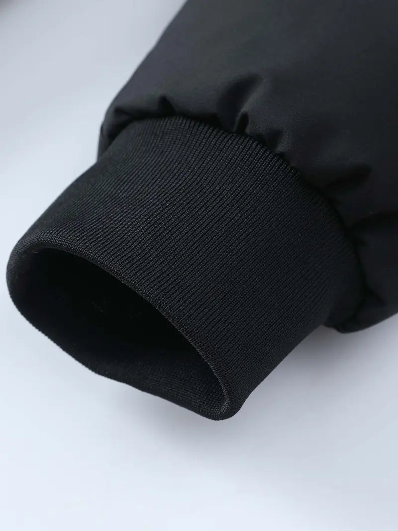 Loose-fit hooded cotton jacket with horizontal topstitching and down filling, full zip closure, basic warm casual cotton jacket
