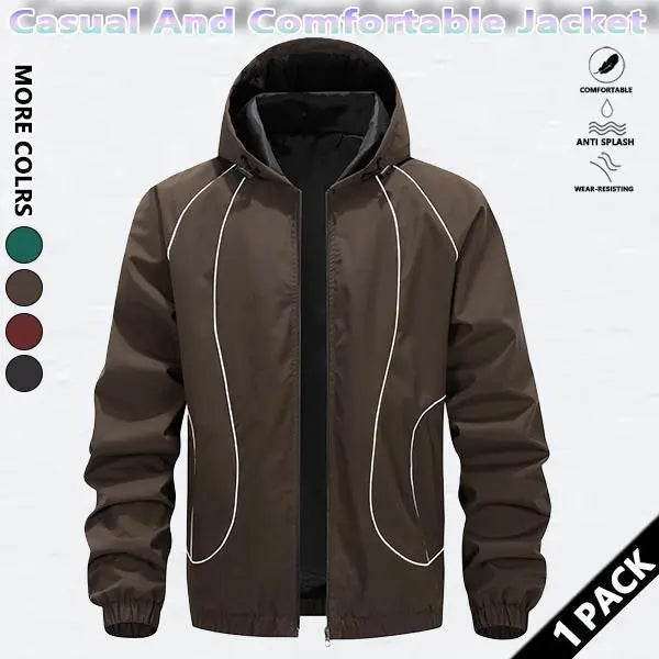 Men's Chic Woven Waterproof Windproof Front Zip Hooded Jacket - Rain-Ready Year-Round Menswear Top Coat with Drawstring, Striped Print, Zipper Pockets, Suitable for Outdoor Activities - SpringStatements