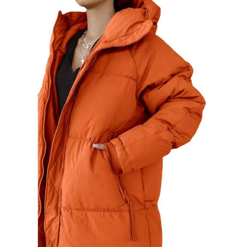 Danedvi Women's Long-Sleeve Soft Padded Quilted Hooded Neck Maxi Down Puffer Jacket - Ribbed Windproof Shell, Pocket, Zippered Closure, Chic Cold-Weather Outerwear, Holiday Gift, Fashionable Basic for Date Outings, Perfect Gift, Down Jacket