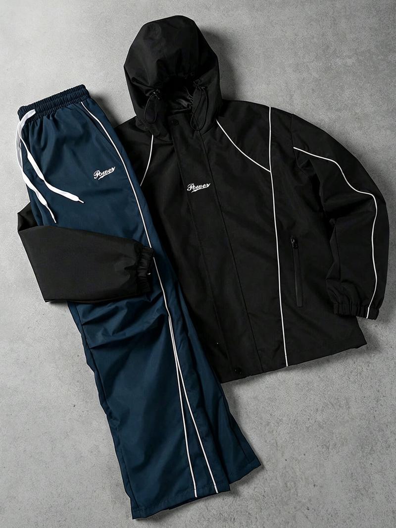 Men’s Streetwear 2-Piece Tracksuit Set, Hooded Windbreaker Jacket & Wide Leg Trousers with Contrasting Line Design, Lightweight Wind-Resistant for Urban Hangouts & Sports