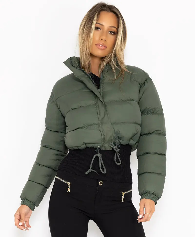 BIGWIG women's short down jacket, zipper thickened quilted short coat, drawstring winter down jacket, autumn and winter cotton jacket, windproof, waterproof and cold-proof cotton jacket, puffer jacket, fashionable zipper stand collar