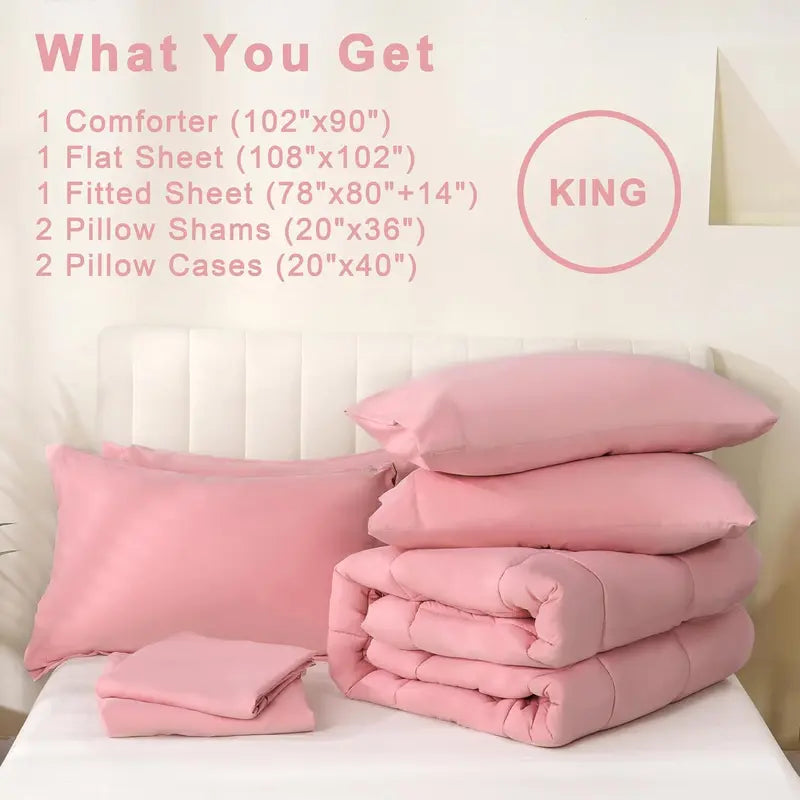 DOWNCOOL 7-Piece Comforter Set All Season Pink Down Alternative Bedding Set with Flat Sheet, Fitted Sheet, 2 Pillow Shams & Pillowcases, Soft Microfiber, OEKO-TEX Certified for Bedroom Home Decor