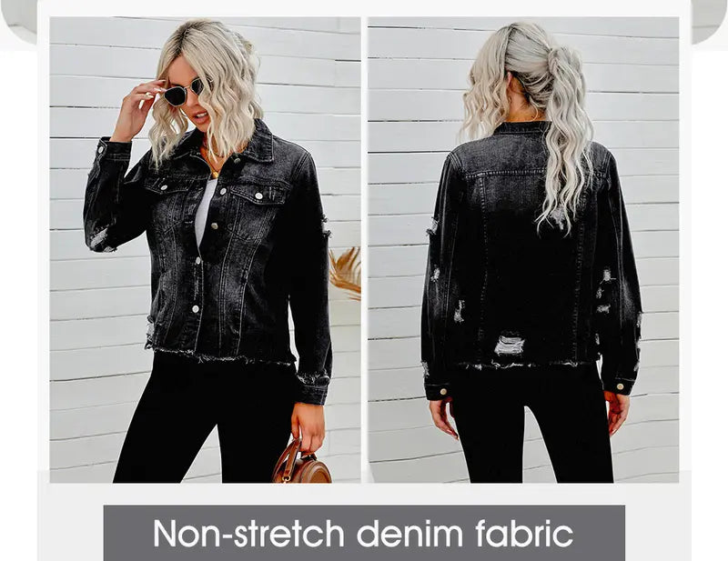 EVALESS Women's Casual Short Jean Jackets Non Stretch Distressed Ripped Boyfriend Washed Coats Lapel Long Sleeve Denim Jacket Outwear Tops 2026 Womenswear Spring Winter Outfits Deals For You Days summer outfits,back to school,back to school shoppi...
