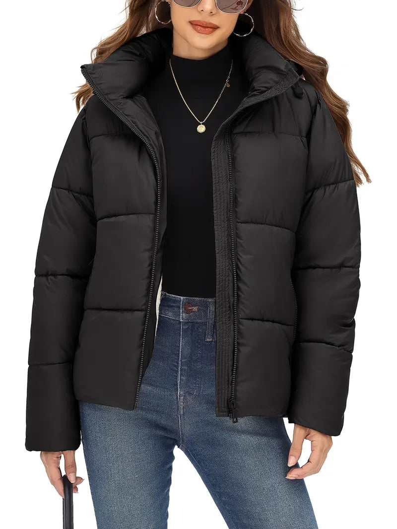 Winter Puffer Coat for Women Warm Cropped Jacket | Faux Fur Lining Quilted Parka with Pockets & Hood Tops Womenswear